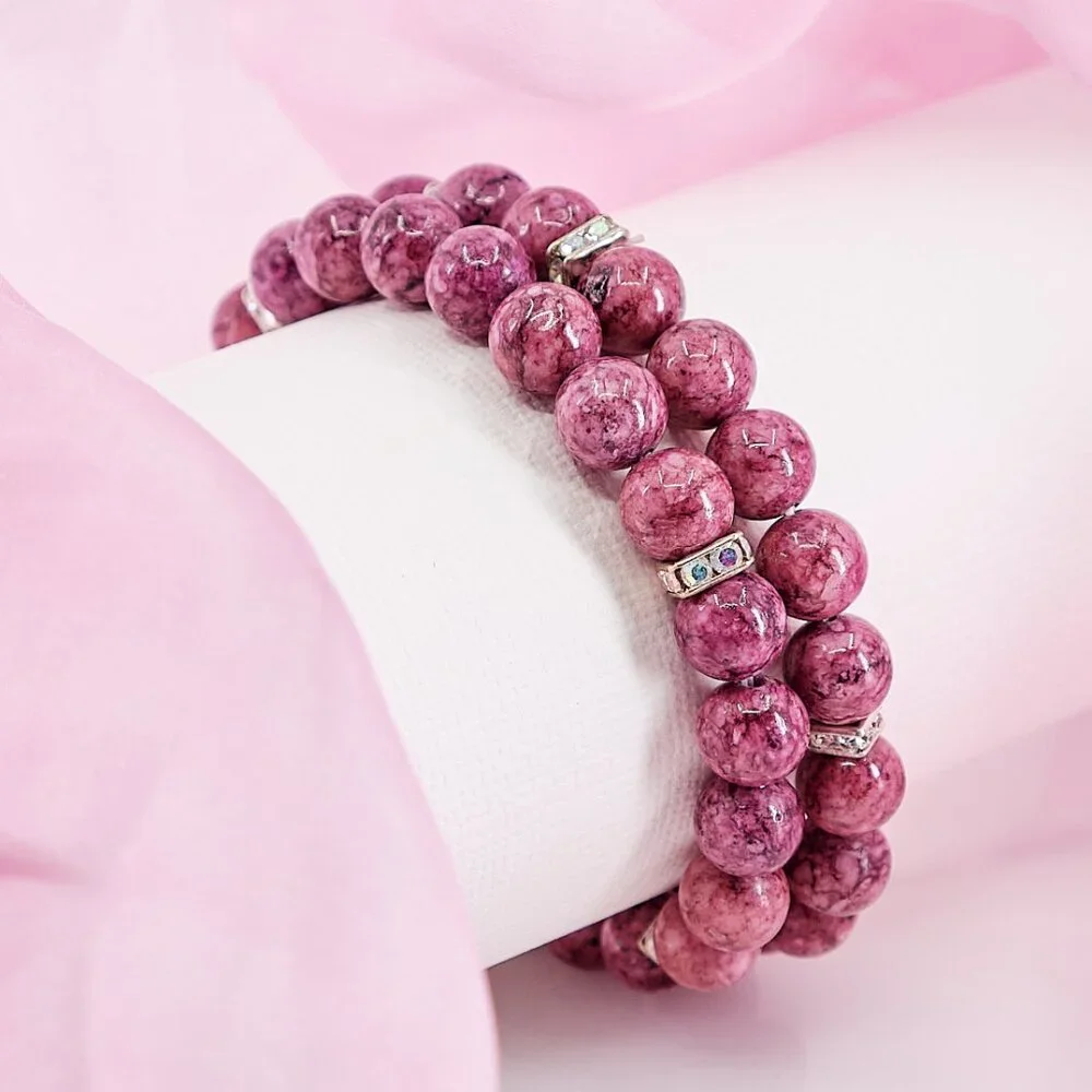 Feminine Gemstone Bracelet Set, Genuine Pink Jasper Stretch Bracelets, Unique